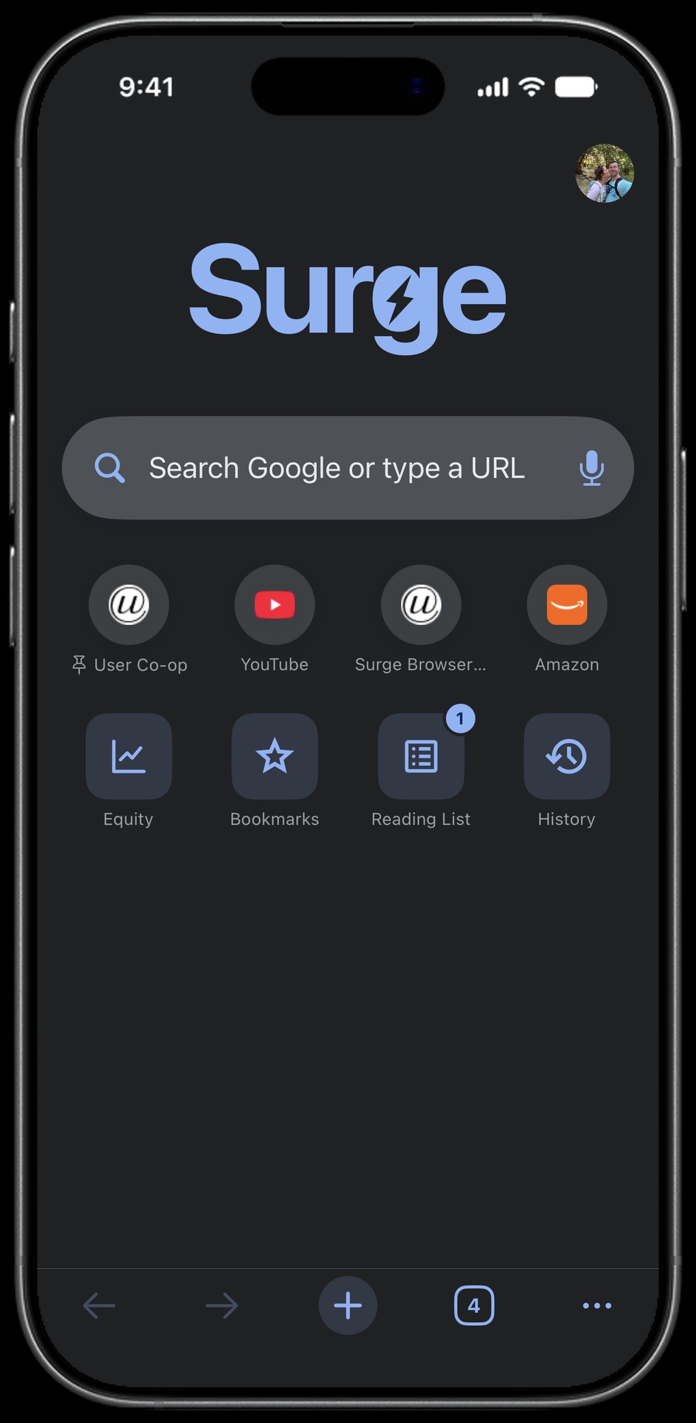 Surge for iPhone new tab page in dark mode: the Surge wordmark, search, shortcuts, and Equity, Bookmarks, Reading List and History