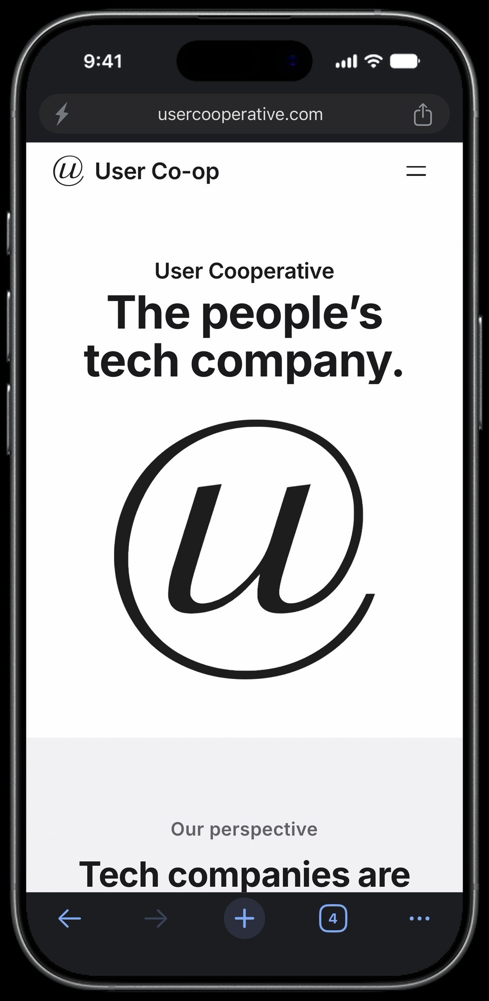 Surge for iPhone in dark mode on usercooperative.com, the headline “The people’s tech company.” over the bottom toolbar