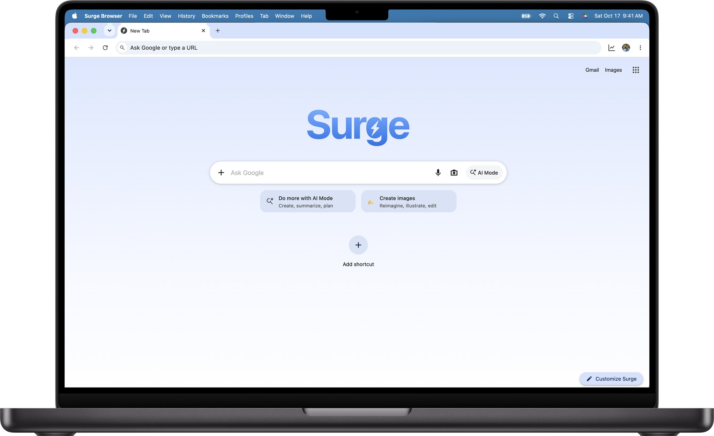 The new Surge new tab page on a MacBook Pro: the Surge wordmark over a sunrise gradient